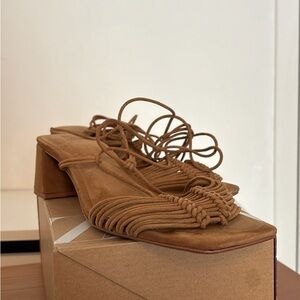 Women's Tan Suede Strappy Block Heel Sandals